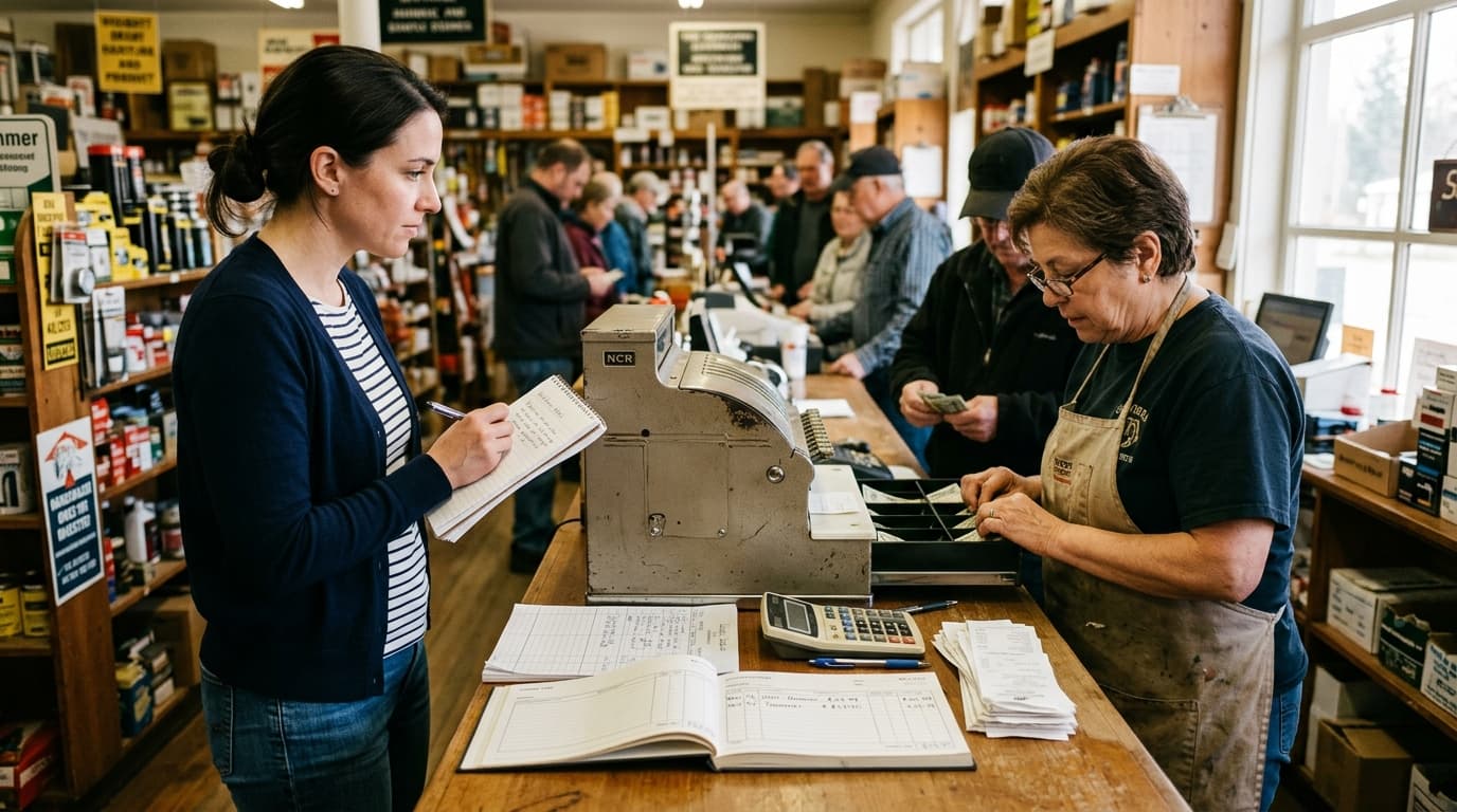 On-site observation of daily business operations, cash register and physical ledger bookkeeping