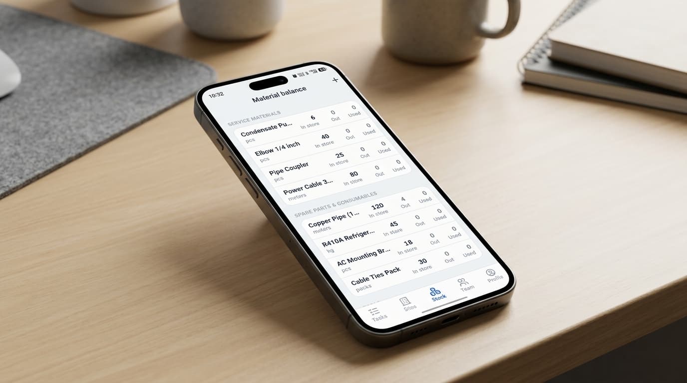 Phone showing the Berry Engineering operations app with material balance, service inventory, and site task management
