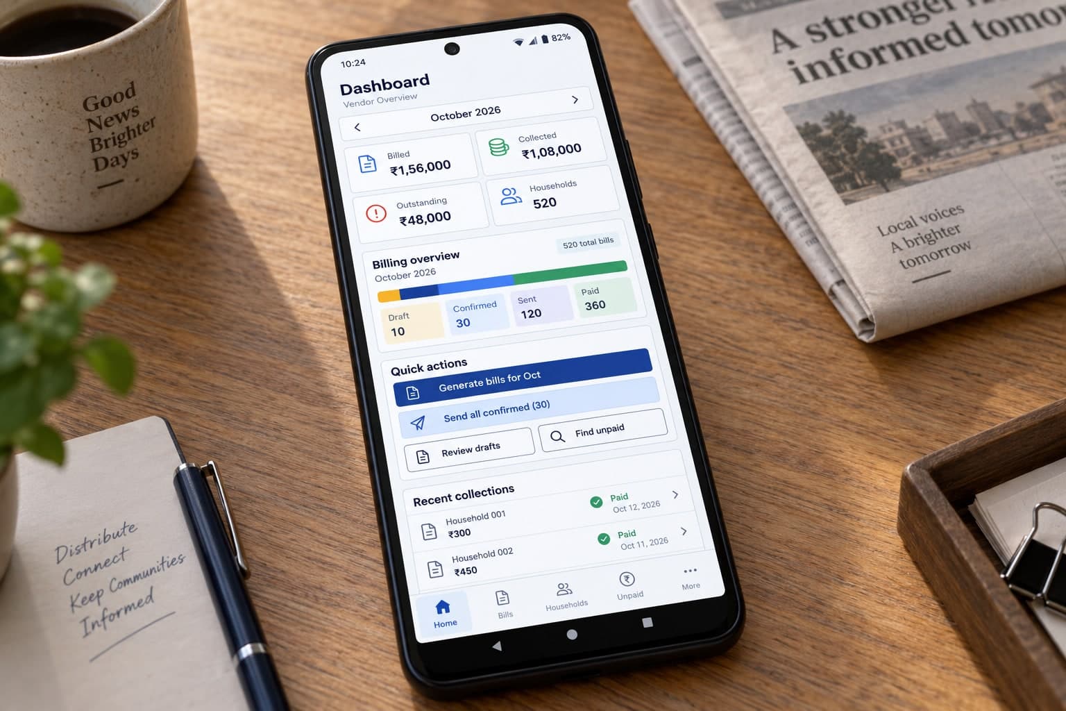 Generated phone mockup of the newspaper billing dashboard with sample billing totals, household count, bill statuses and collection actions